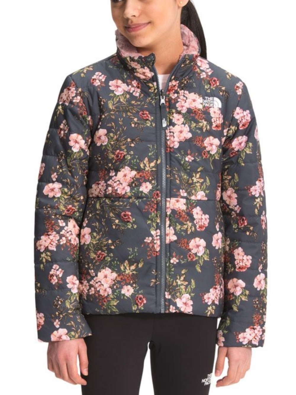 The North Face Reversible Mossbud Swirl Gray Floral Pink Fleece Jacket-Small